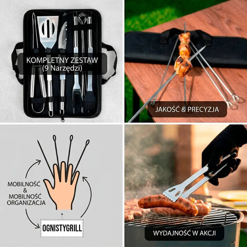 Zestaw Narzędzi do Grilla 10 elementów – Stal Nierdzewna z Etui BBQ - OgnistyGrill